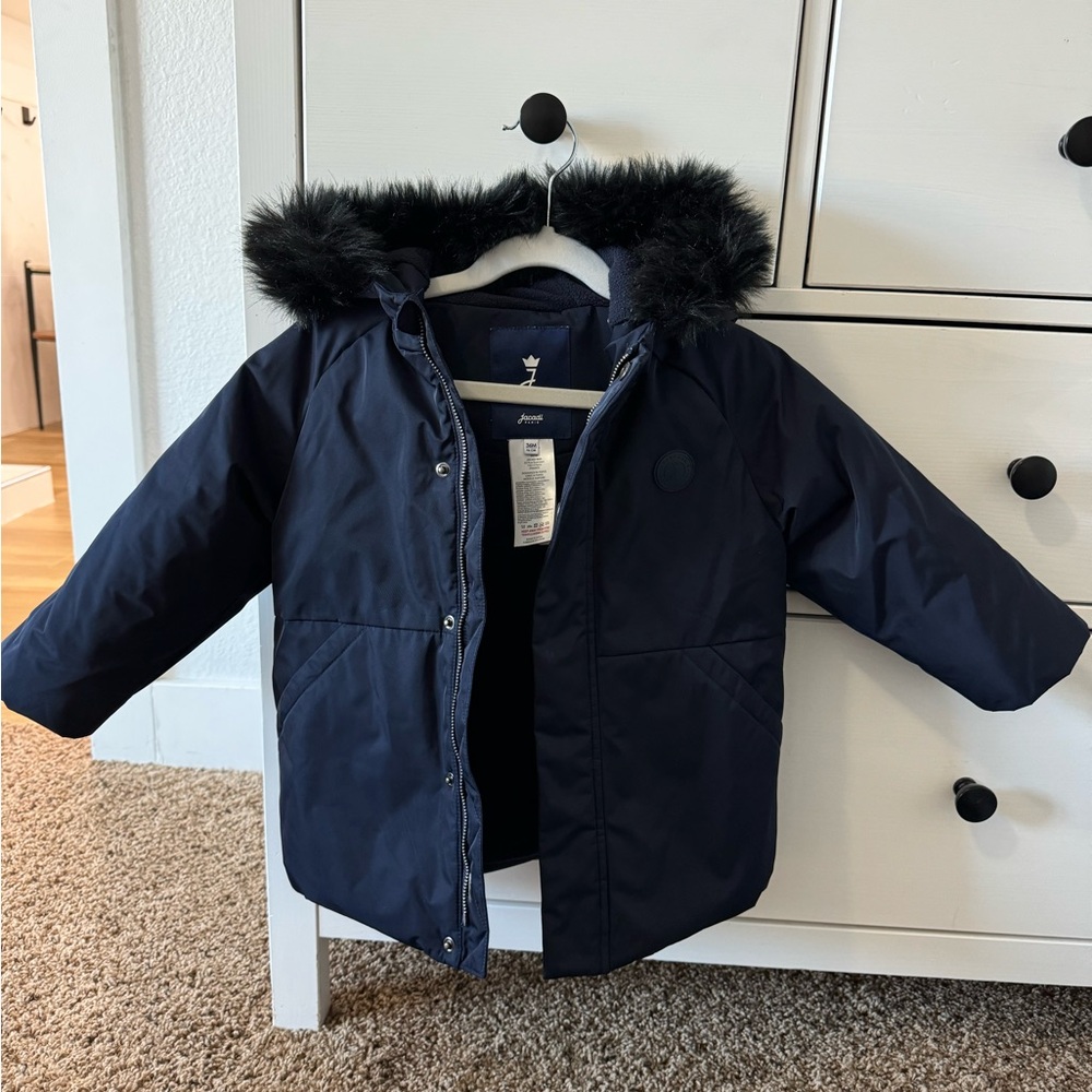 Jacadi Navy Coat with Faux Fur Hood